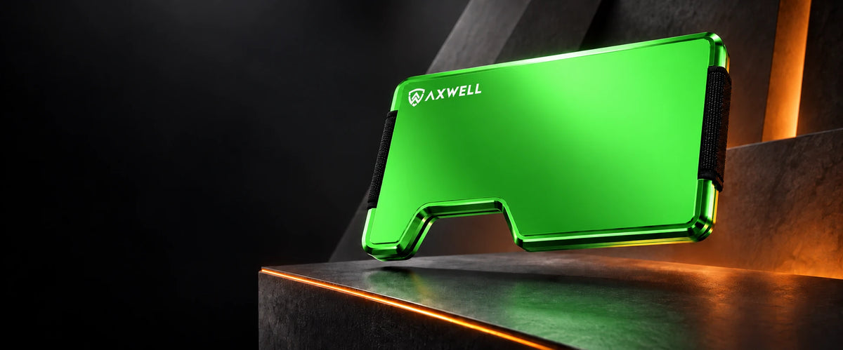 Alien Green Axwell wallet in a futuristic graphite setting with orange lighting